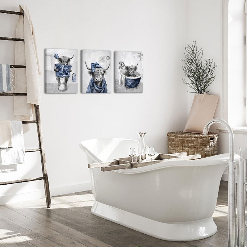 sechars Blue and Grey Bathroom Decor Funny Highland Cow Wall