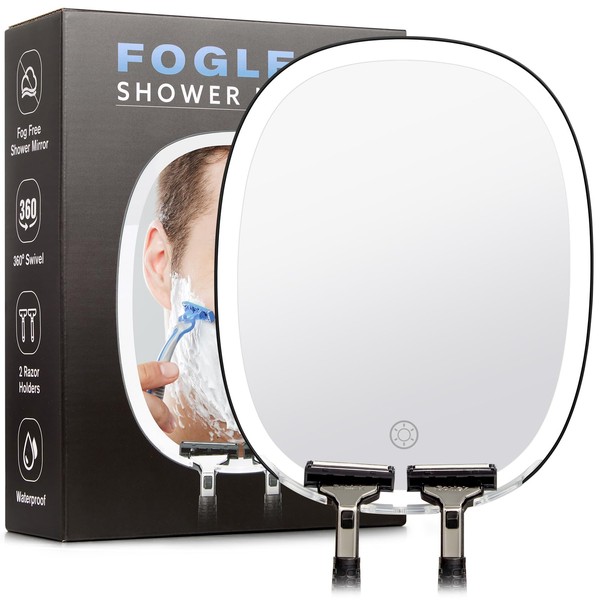 KEDSUM Upgrade Shower Mirror with Light, 3 Color Dimmable Real Glass Shower Mirror Fogless for Shaving with 2 Razor Holders, No-Drilling Wall Mounted, Waterproof, Bathroom Fogless Mirror for Men/Women
