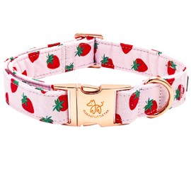 Elegant Strawberries Print Summer Dog Collar - Cotton, Durable Metal Buckle Collar for Small Dogs