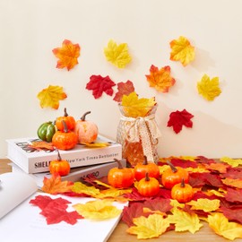 SITUMEIZI 85 Pcs Fall Mini Pumpkin Decorations Pumpkin Decor with Maple Leaves for Farmhouse Harvest Thanksgiving Party Table Decor