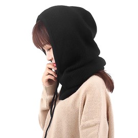 OhMill Winter Hats for Women Hooded Scarf Women Knit Scarf Knitted Balaclava Face Mask Winter Beanies for Women Neck Warmer Black