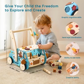 OESSUF 2-in-1 Wooden Baby Walker with 40 PCS Tool Toys – Baby Push Walker for 6-12 Months, Activity Center for Toddlers Aged 1-3 Years, Montessori Toy for Boys and Girls (Blue)