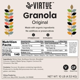 Virtue Foods Bulk Granola Original 10 lb Resealable Bag - Healthy Cereal Topping with Sunflower Seeds, Cinnamon, Maple Syrup, Coconut Oil - Nut Free, Gluten Free, Soy Free, Dairy Free, Seed Oil Free, Vegan and No Additives
