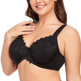 TELIMUSSTO Women's Full Coverage Floral Lace Underwired Bra Plus Size Non Padded Comfort Bra 38I Black