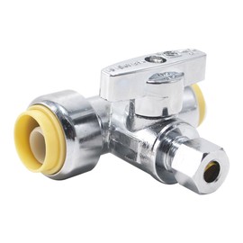 TT FLEX Service Tee Stop Valve, 1/2" Push x 1/2" Push x 3/8" Compression, 1/4 Turn, Compression Service Stop Fitting, Water Valve Shut Off, Push-to-Connect, PEX, Copper, CPVC, PE-RT