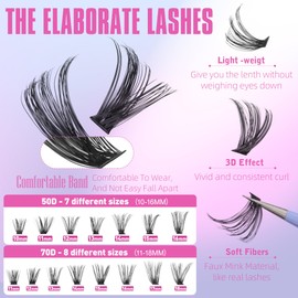 Geeneiya Wispy Lash Clusters Kit 50D+70D Lash Extension Kit 10-18mm Cluster Eyelash Extensions Kit Natural Individual Lashes Kit with Waterproof Lash Bond and Seal Glue Lash Tweezers for Beginners