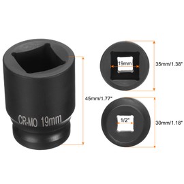 sourcing map 4 Point Square Socket 1/2" Drive 19mm Metric Square Impact Socket CR-MO Blackening Standard Wheel Sockets Pneumatic Socket Tool for Auto Repair Mechanical Maintenance Home Use