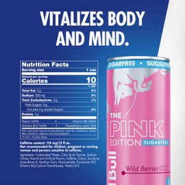 Red Bull Pink Edition Sugar Free Energy Drink, Wild Berries, 12 fl. z., Case of 24 cans, with 114mg Caffeine, Taurine & B Vitamins