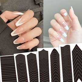 French Tip Nail Guides Nail Stickers French Manicure Strip Self-Adhesive Nail Art Airbrush Stencils Strips with French V-Shaped Moon Design Wavy Line DIY Nail Art Tips 6 Sheets