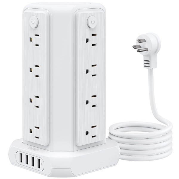 Power Strip Tower Surge Protector, 16 Outlet Desktop Charging Station, Individual Switch, 5 ft Flat Plug Extension Cord with Multiple Outlets, for Home Office Dorm Room Essentials White