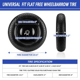 4.80/4.00-8" Flat Free Wheelbarrow Tire, 14.5" Wheel Size, 5/8" Axle Bore, 3" Center Hub, 3/4" Bearings, Universal Replacement Solid Tire for Hand Truck/Cart (Black)