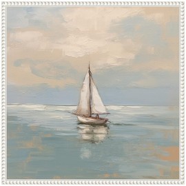 Kate and Laurel Calm Pastel Sailboat Landscape Framed Canvas Wall Art by The Creative Bunch Studio 22 x 22 Sylvie Beaded White, Coastal, Beach, Landscapes Art for Wall Decor, Living Room, Bedroom