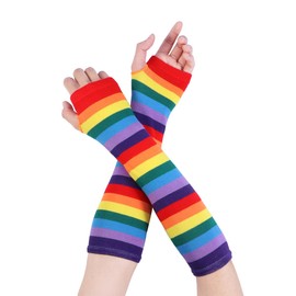 TENDYCOCO Rainbow Strips Wrist Colorful Arm Warmers Fingerless Gloves Rainbow Gloves Christmas Gloves Colorful Gloves for Women Girls Kids Cosplay Warm Winter