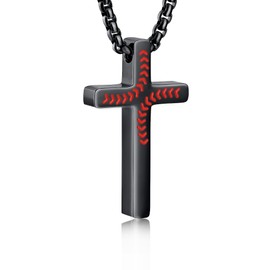 P.BLAKE Baseball Cross Necklaces for Boys Kids Men, Stainless Steel Black Cross Neckalce Pendent Chain 18 Inches Baptism Christmas Jewelry Gifts for Son Teen Teenage Age 8-12