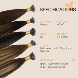 DOORES Nano Hair Extensions Human Hair, Natural Black to Light Blonde Nano Hair Extensions, 20 Inch Hair Extensions Nano, 50s 50g Human Hair Extensions, Nano Bead Hair Extensions