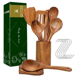 Wooden Spoons for Cooking, 9Pcs Natural Teak Wooden Utensils for Cooking Wooden Kitchen Utensils Set and Holde Cooking Utensils Set