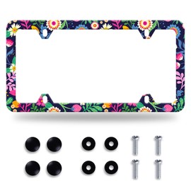 Colorful Flowers License Plate Frame Cute Floral License Plate Stainless Steel Car Accessory Personalize Beautiful License Plate 4 Holes Screws Decorative 12.3" X 6.3" Women