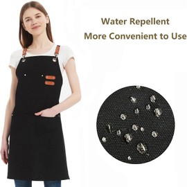 AFUN Chef Aprons for Women Men with Large Pockets, Cotton Canvas Cross Back Water Repellent Work Apron, Size M to XXL (Black)