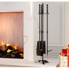 Fire Beauty Fireplace Tools Set 4 Pieces Black Wrought Iron Fire Tool Set for Outdoor/Indoor Include Poker, Shovel, Brush and Stand Accessories Set