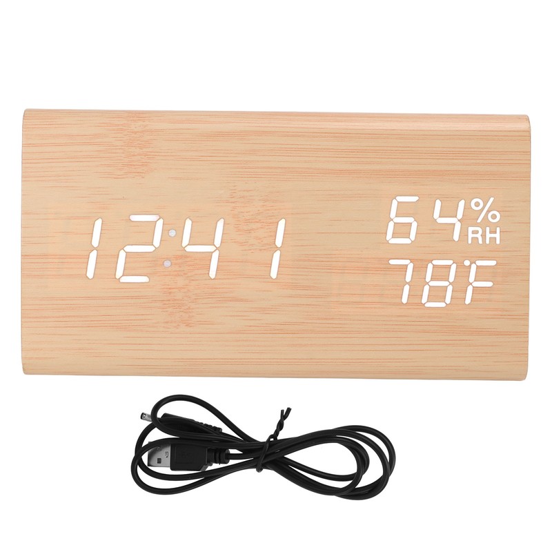 Triangular Digital Wooden Clock Time Date Temperature Humidity Display Alarm
