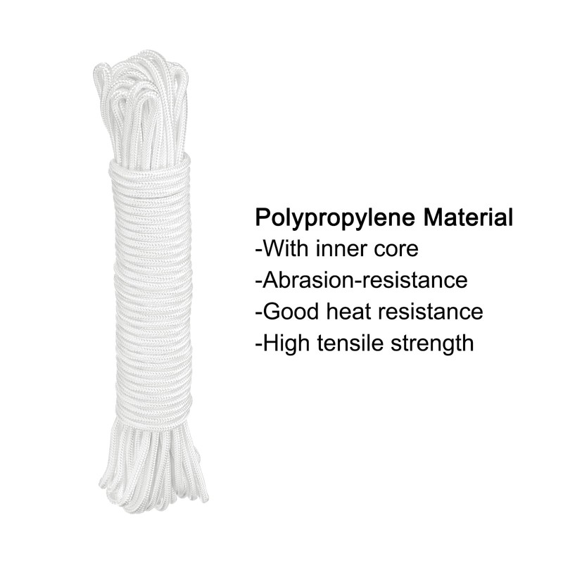 sourcing map Polypropylene Rope Braid Cord 30M/98.5ft 8mm Dia White
