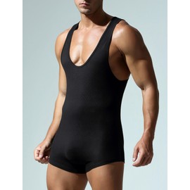 IBAKOM Men's Seamless Undershirts Tummy Control Wrestling Singlet One Piece Fitness Leotard Jumpsuit Shapewear Black XL