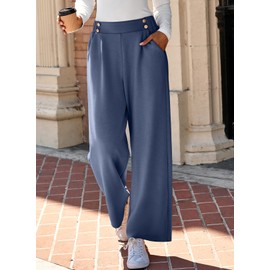 EVALESS Work Pants for Women Wide Leg High Waisted Stretchy Dressy Casual Trousers Trendy Fall Comfy Office Elastic Waist Pleated Pants with Pockets Womens Clothes Slacks Blue Medium
