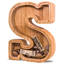 JOOMLAFLY Wooden Letter Piggy Bank for Kids 9"Clear Coin Bank with Stickers