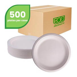 ECO PRODUCTS Compostable Vanguard 9" Paper Plates, Case of 500, Disposable White Molded Fiber, Round, Tree-Free, Stronger Than Paper & Styrofoam, No-Added PFAS, ASTM Compliant, BPI-Certified