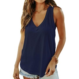 Smile Fish Women Summer Deep V Neck Tank Top Loose Fit Flowy Sleeveless Shirt Cotton Navy Blue,S