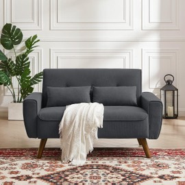 Jarenie 48" Loveseat Sofa, 2 Seater Love Seat Mid Century Modern Small Couches for Living Room Bedroom Apartment, 2 Throw Pillows and Wooden Legs, Dark Grey