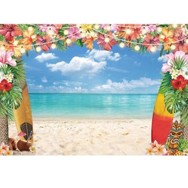 7x5ft Summer Hawaiian Beach Backdrop for Photography, Tropical Flower Luau Hawaiian Party Decorations, Background Tropical Luau Photo Backdrop Aloha Blue Sky Ocean Palm Leaves