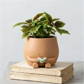 ZSHAWN Smiley Face Planter, Book Lover Plant Pot, Resin Bookworm Planter with Drainage Hole Plug, Cute Reading Succulent Pot Happy Face Indoor Desk Bookshelf Home Decor Peach Color
