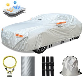 OWEEIO 30 Layers Car Cover for Automobiles All Weather Waterproof, Outdoor Snowproof UV Protection Windproof, Door Zipper, Soft Cotton, Heavy Duty Universal Car Covers, (Silver, Fit Sedans 201"-210")