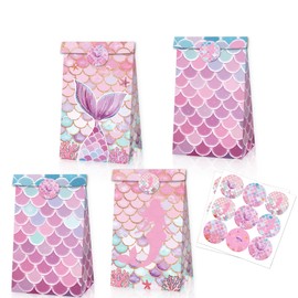 12Pcs Mermaid Birthday Party Favor Bags, Ocean Mermaid Scale Candy Gift Kraft Paper Bag with Sticker, Underwater Themed Mermaids Party Decoration Treat Gift Bags for Birthday Party