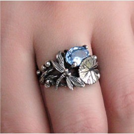 YAYAYOUYOU Women's Vintage 925 Silver Thai Silver Blue Topaz Lotus Leaf Dragonfly Rings Wedding Party Jewelry Gift (9#)