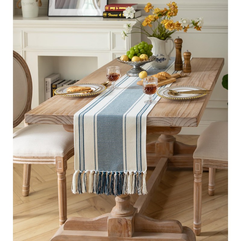 Caflife Boho Table Runner Blue and White for Modern Farmhouse