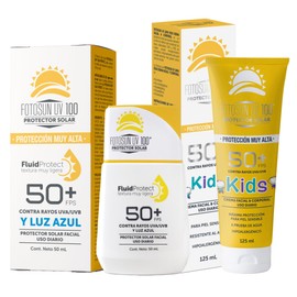 Fotosun UV 100 Fluid Protect Protector Solar Facial Fotoprotector Luz Azul 50+ FPS UVA UVB Consistencia Liquida Rápida Absorción Alta Protección Resistente al Agua Uso Diario (KIT: FLUID + KIDS)