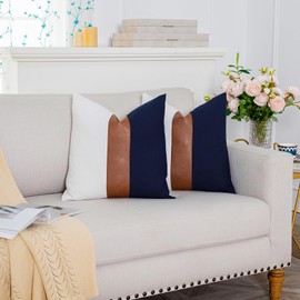 Vfuty Set of 2 Faux Leather and Cotton Patchwork Throw Pillow Covers 16x16 Inch Modern Accent Decor Cushion Covers for Couch Living Room Bedroom, Farmhouse Stripe Pillowcase, Navy Blue
