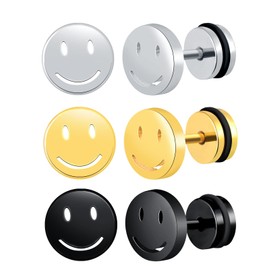 feilok 3 Pairs smile face Stud Earrings for Women Men Stainless Steel Piercing Huggie Ear Jewelry