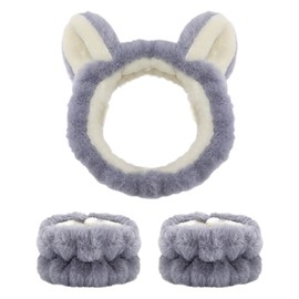 JazSwirl Face Wash Headband and Wristband Set, 3 Pcs Skincare Headband and Wristband Set 1 Face Wash Headband 2 Face Wash Wristbands, Cute Animal Ears Plush Headbands for Washing Face (Grey Cat, 1)