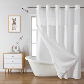 eachope White No Hook Waffle Weave Shower Curtain with snap-in Liner Replacement, 230GSM Waterproof Fabric Hotel Shower Curtain Set for Bathroom, Through Mesh Top Window,71Wx77H