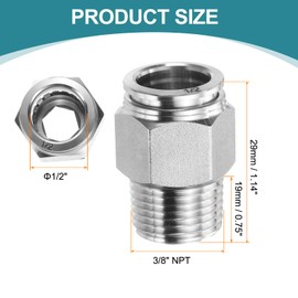 sourcing map Push to Connect Fittings 1/2" Tube OD x 3/8" NPT Thread Male Straight Union Fittings 304 Stainless Steel Quick Connect Pneumatic Accessories for Trailers Air Brake System
