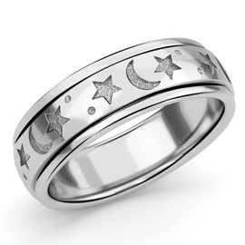SHOP LC Spinner Rings with Moon and Star Engraving/Vintage Sterling Silver Rings for Women Anti Stress Rings Fidget Spinner 925 Sterling Silver Stamped Platinum Plated Unisex Band Rings, No gemstone