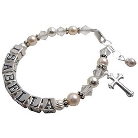 Creamrose Pearl Name Baby Girl Bracelet with Sterling Cross Charm