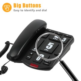 Big Button Telephone with Loud volume, Uvital Landline Phone Support Adjustable Volume and One-Touch Speed Dials, Multifunctional Corded Telephone for Seniors, Home and Front Desk(Black)