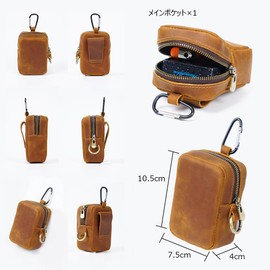 Whatna Ten Naren Thick Hand Cowhide Coin Purse, Coin Purse, 2-Way Mini Sacoche, Carabiner Pouch, Belt Loop, Mini Waist Bag, Genuine Leather, Includes Carabiner, Key Ring, Earphone Storage Case, Black