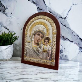 Silver Canvas (A-3/002G/K) Virgin Mary of Kazan Kazanskaya Byzantine Silver Orthodox Icon/Greek Handmade (Red, 5 1/2x4)