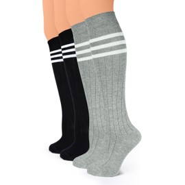 HUGH UGOLI Women Cotton Knee High Socks with 3 Stripes, Long Dress School Uniform Socks for Girls, Boot Socks, Shoe Size 8-11, Light Grey/Black, 4 Pairs