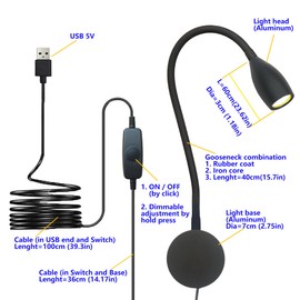CRISETEK Dimmable Reading Light Plug in Wall Mounted Bedside Headboard Reading Light Task Directional Gooseneck LED Light 3W Output (Black, 120V Plug in, Warm White)